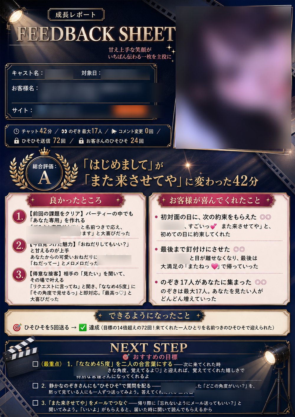 実際にお渡ししているFEEDBACK SHEET（映画フィルムテーマ・総合評価A）: 「はじめまして」が「また来させてや」に変わった42分（のぞき最大17人）