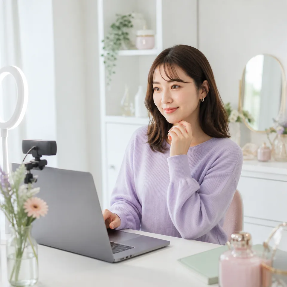 ミント仙台の白×ラベンダーの配信ルームで、リングライトとWebカメラの前で微笑むチャットレディ