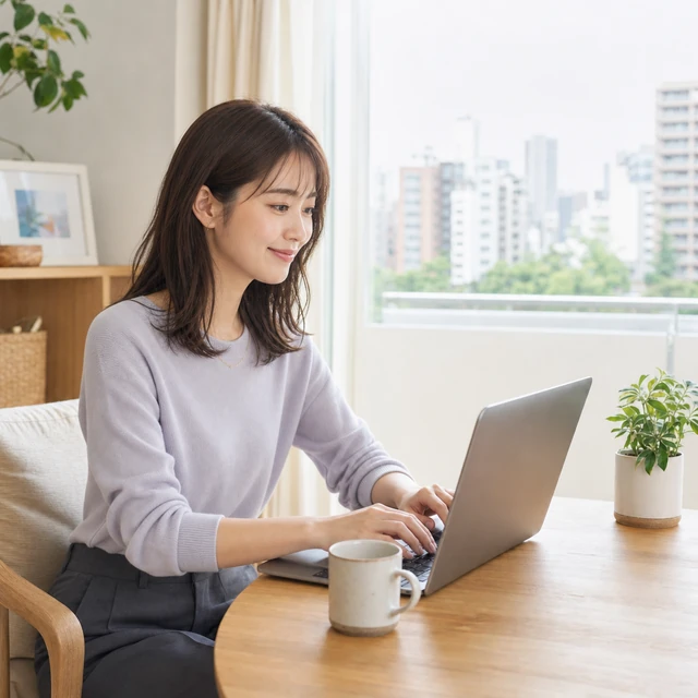 自宅のリビングでノートPCに向かってほほえむ女性