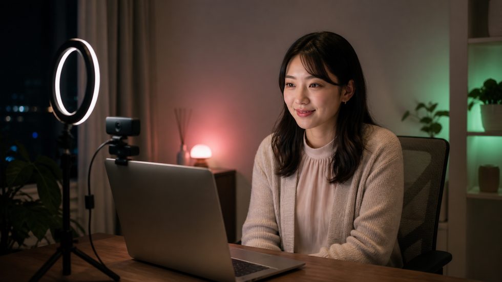 深夜の完全個室でのチャット配信環境——リングライトとノートPCのセットアップ（仙台事務所イメージ）