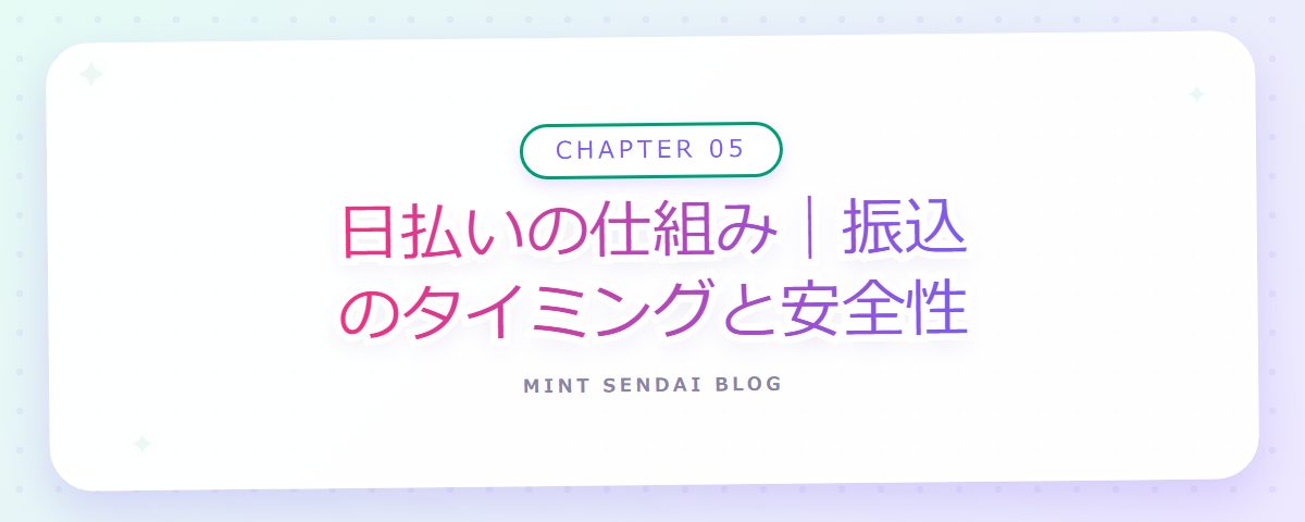 CHAPTER 05 日払いの仕組み|振込のタイミングと安全性(章見出しカード)