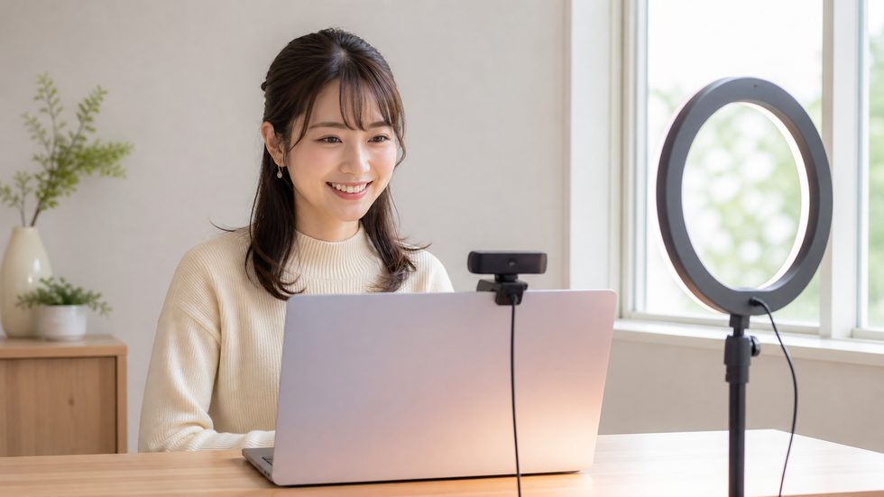 在宅チャットレディのデスクセットアップ例(リングライト・Webカメラ・ノートPC)