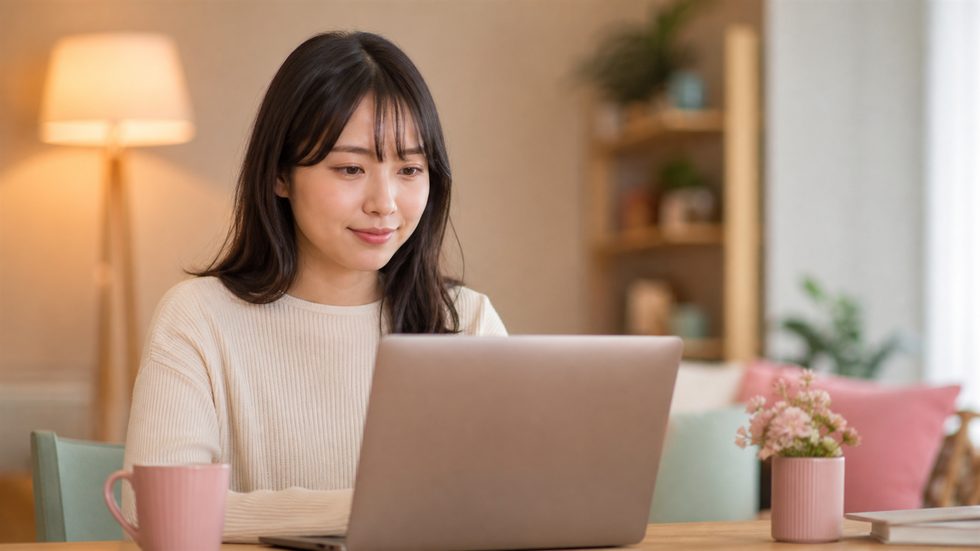 在宅か通勤かを検討する女性のイメージ(チャットレディの働き方を比較する様子)