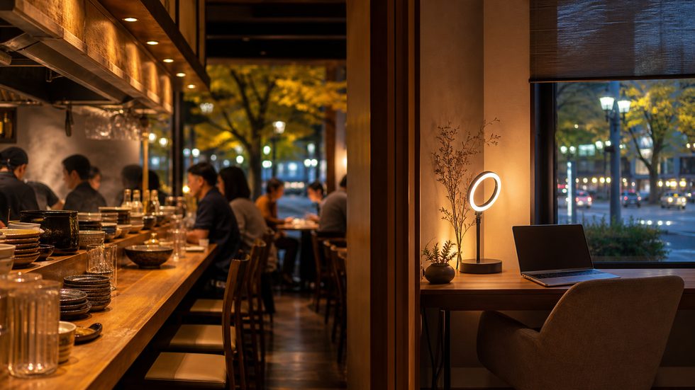 飲食バイトとチャットレディの職場環境を並べた時給比較イメージ（飲食店カウンターと個室チャットルーム）
