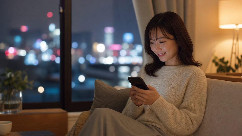 スマートフォンでLINE相談を送る女性（チャットレディ事務所への問い合わせ）
