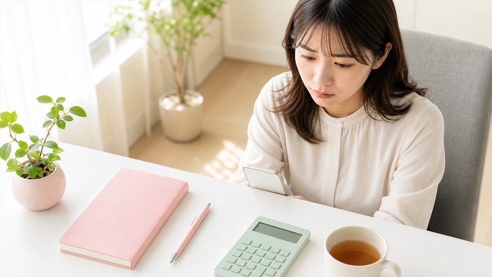 チャットレディについて不安そうにスマホで検索している女性