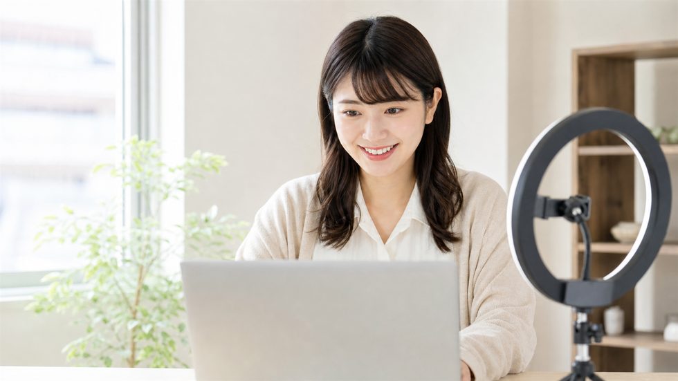 チャットレディが個室でリングライトとパソコンを使って配信しているイメージ