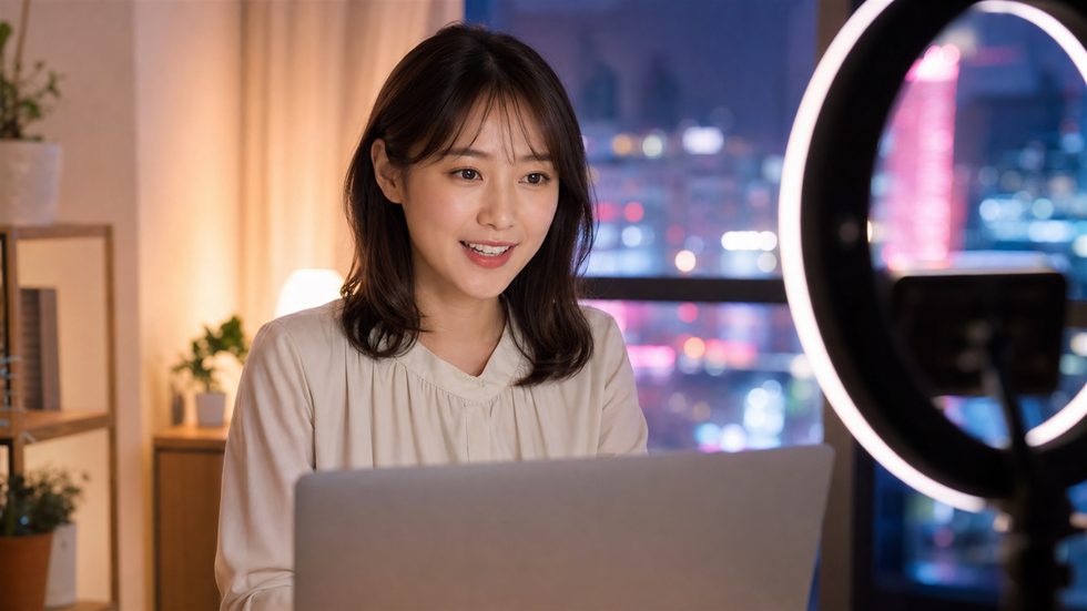 リングライトとウェブカメラの前で自信を持って話すチャットレディの配信シーン