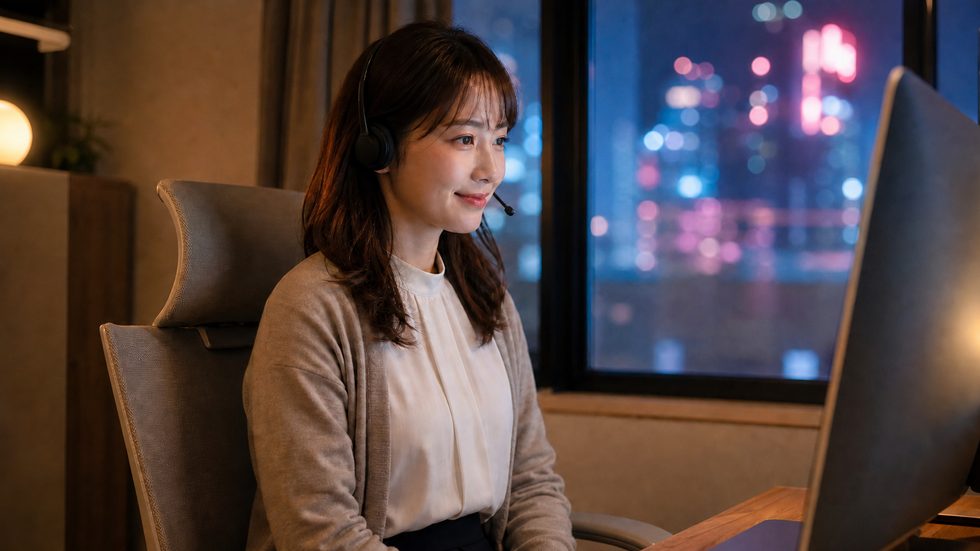 個室でリラックスしてチャットに取り組む女性のイメージ(身バレ対策済みの環境)