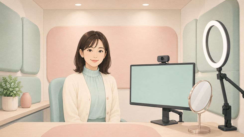 完全防音の個室チャットルーム内装(仙台事務所・リングライト・ウェブカメラ)