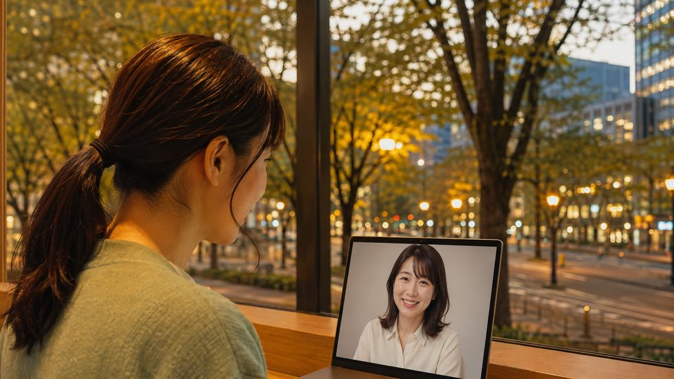 初心者向けサポート(画面越しにスタッフと相談する女性)