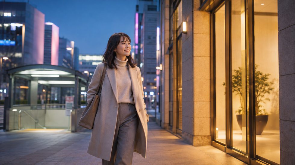 仙台駅から徒歩1分のビルに到着する女性(夕方)