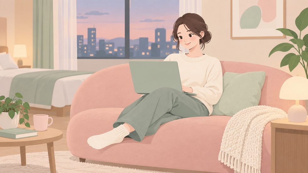 宿泊設備で休憩する女性(連泊型の働き方)