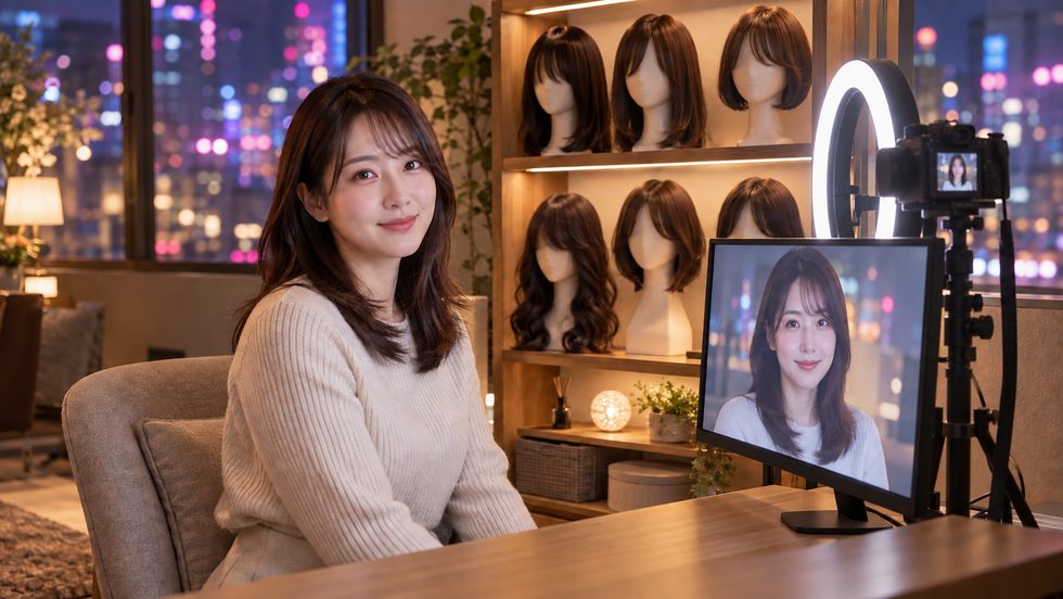ウィッグの棚と加工カメラのモニター画面(身バレ対策の設備)