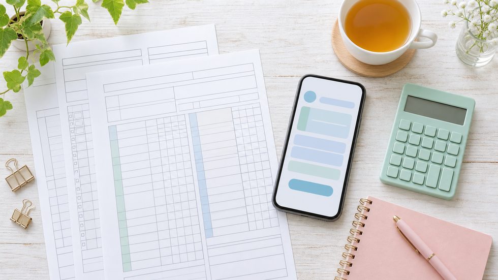 確定申告の書類とスマホでe-Taxを確認する手元