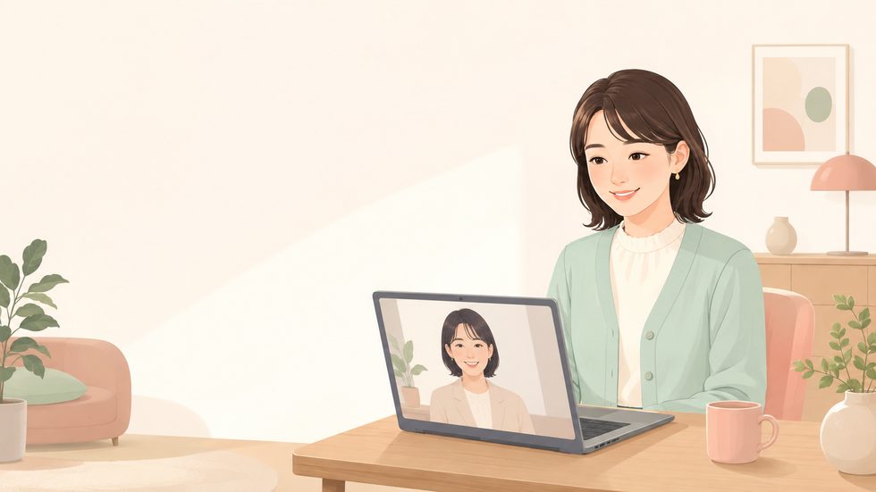 30代女性がチャットレディとして落ち着いた接客をしている様子
