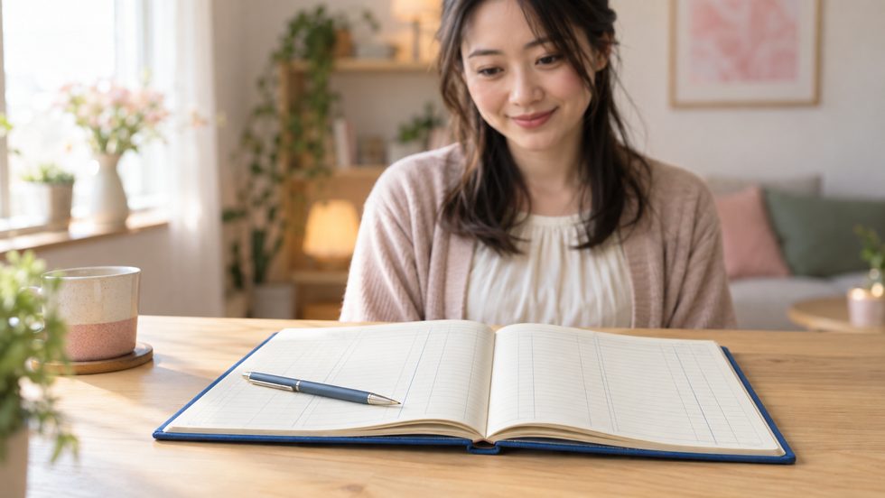 青色申告の帳簿とペン（個人事業主の記帳イメージ）