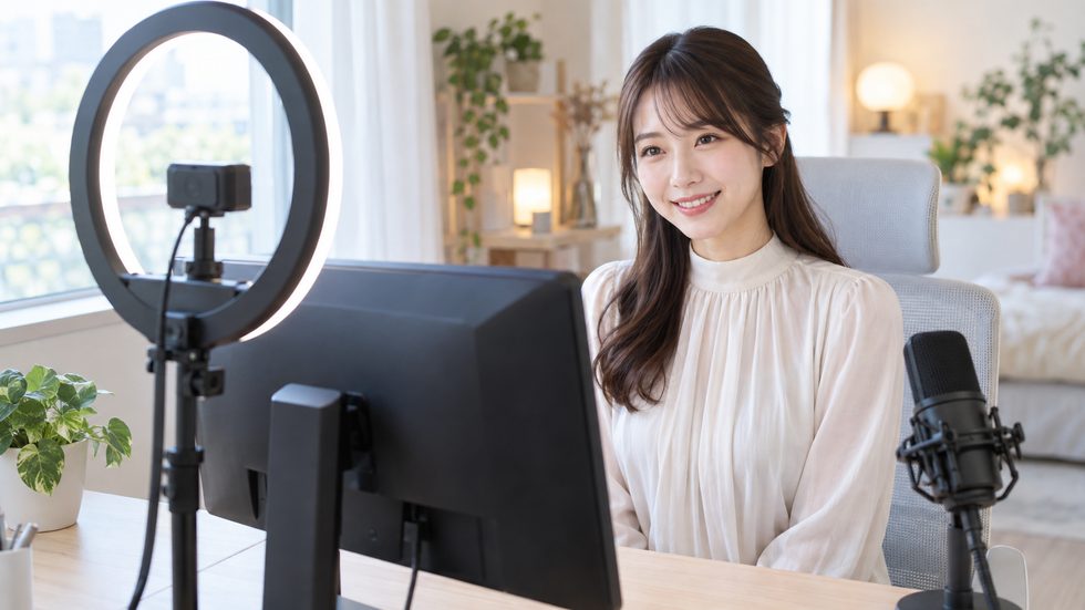リングライトと配信機材(チャットレディのプロ仕様設備)