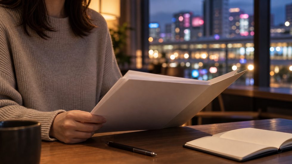 契約書と規約を読む女性の手元(チャットレディ応募前の確認)