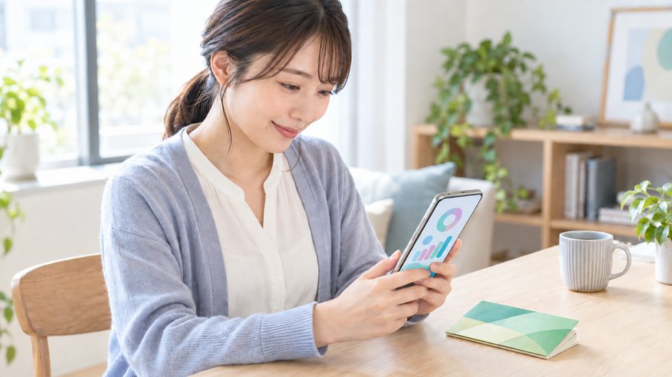 貯金通帳とスマホの画面で収入を管理するイメージ(チャットレディの貯金管理)