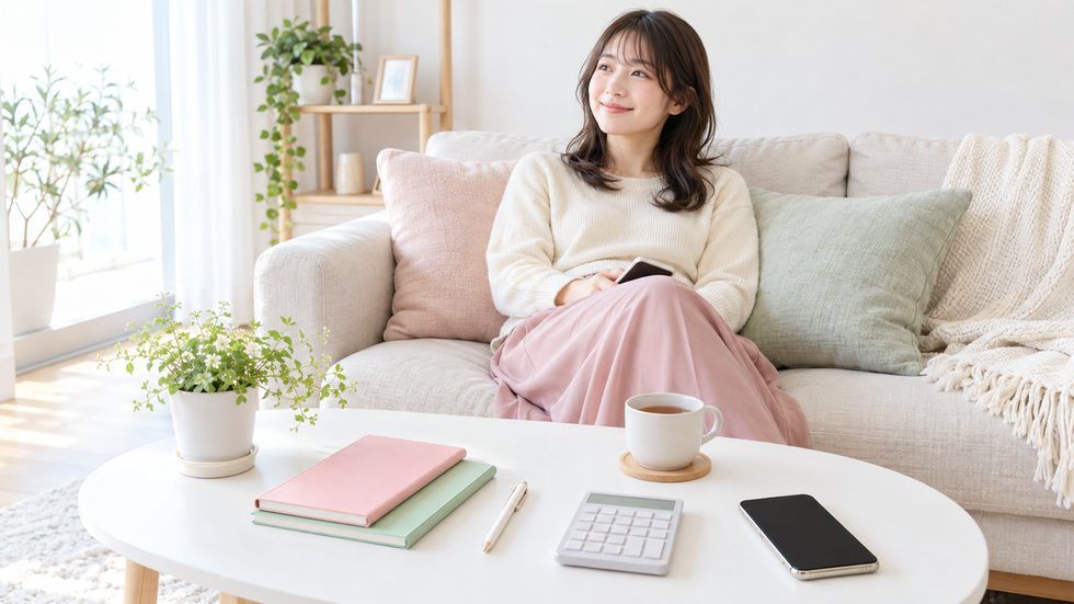 女性がリラックスしてスマホを見る風景(貯金成功のイメージ)