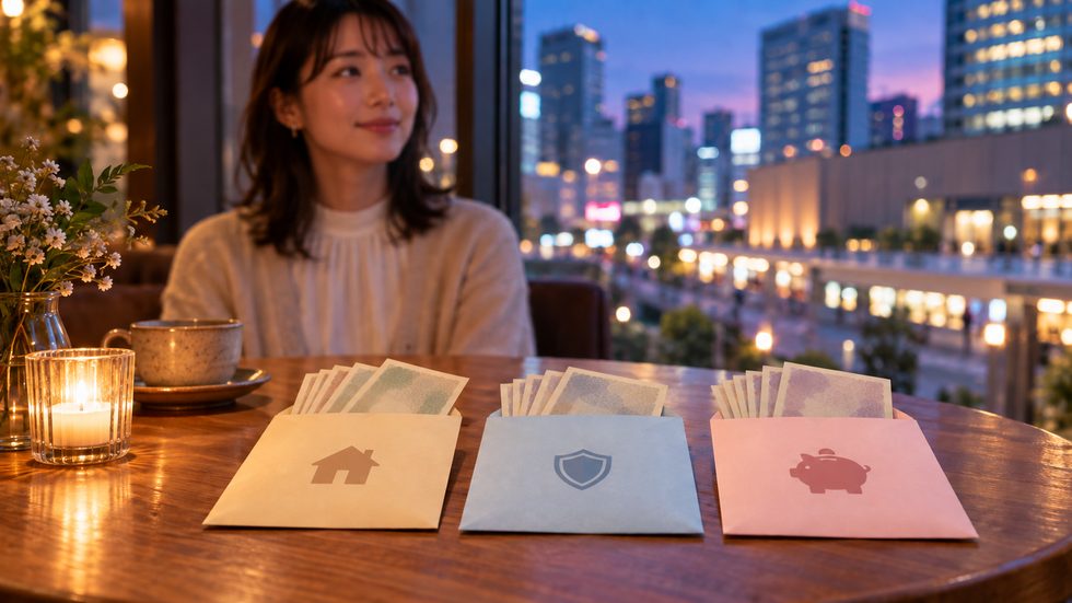 封筒に分けられたお金(生活費・税金分・貯金の3つの分け方)