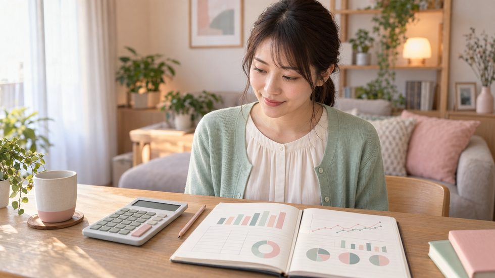 電卓とノートで収入データを分析するイメージ(チャットレディの収入管理)