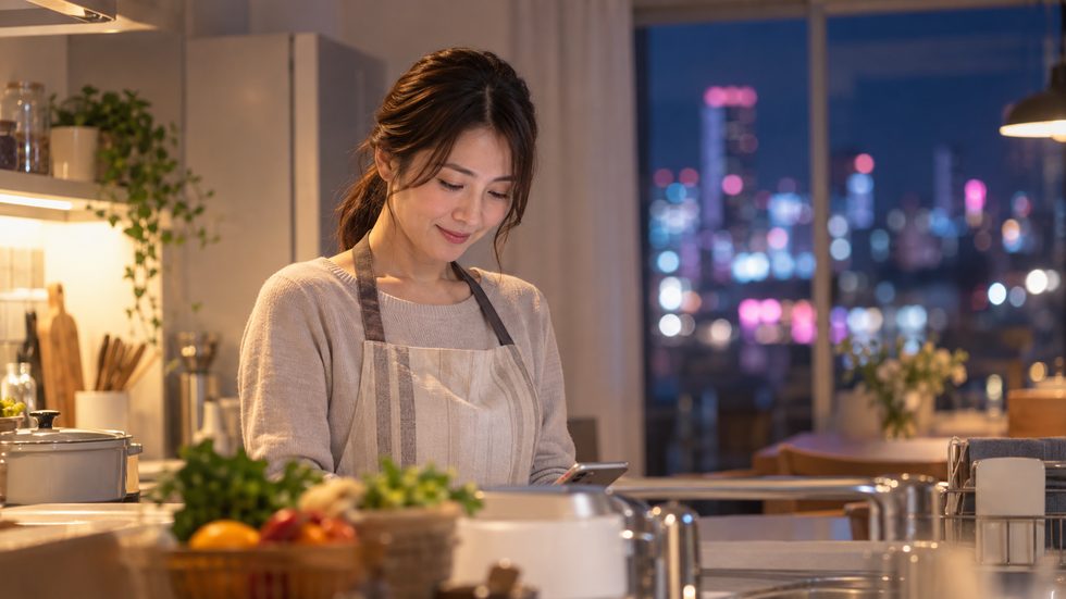 主婦が家事の合間にスマホを見る風景(家事と両立・チャットレディ通勤)