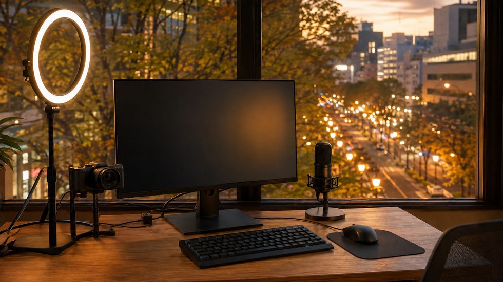 リングライトとPC配信機材のセットアップ(チャットレディの仕事道具・プロ仕様の照明)