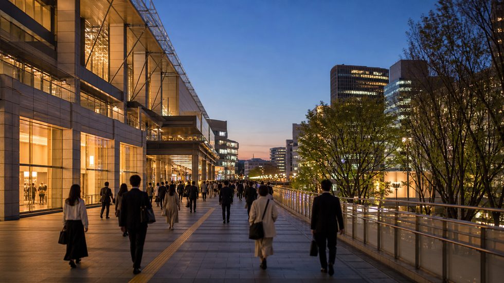仕事帰りの時間帯のJR仙台駅前の風景