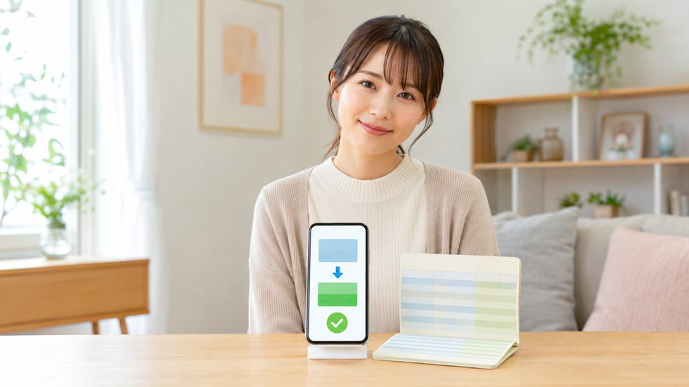 副業収入の振込イメージ（通帳とスマホの明細画面）