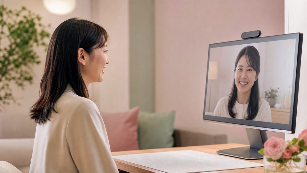 画面越しにスタッフと相談する女性キャスト