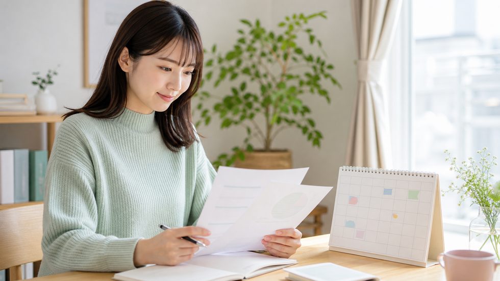 確定申告書類とカレンダーを見ながら働く日を調整する手元