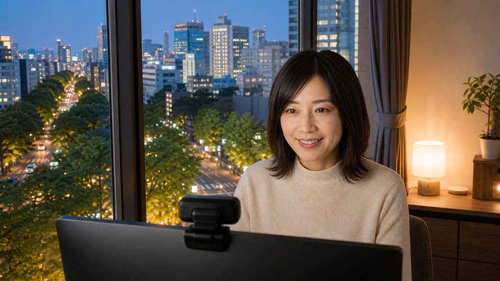 在宅でウィッグを着けて配信する女性