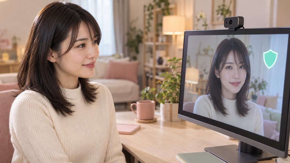 ミント独自の加工カメラで顔を別人のように映す様子