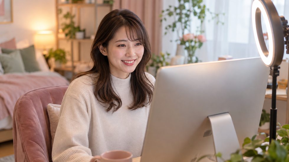 配信中の様子(リングライトとPC)
