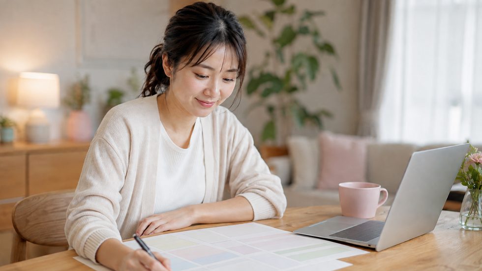確定申告書の記入風景（自宅で税務手続きをする様子）