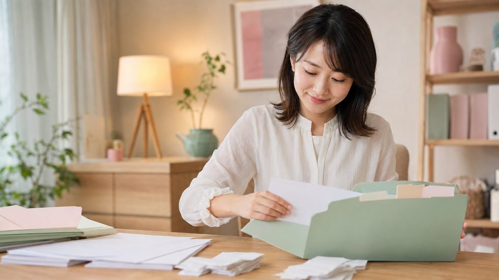 経費の領収書を整理する手元（チャットレディの確定申告準備）