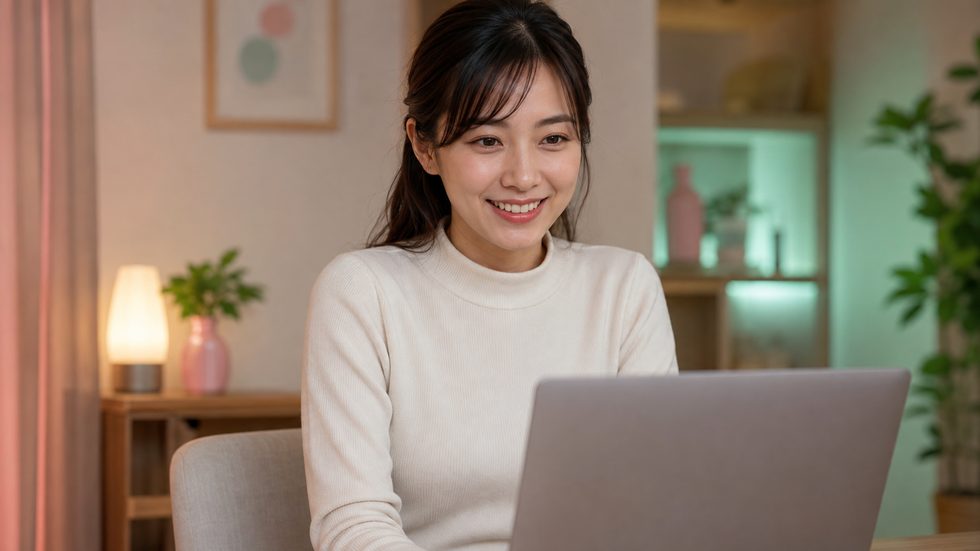 チャットレディが個室のパソコンで笑顔で会話している様子(仙台)