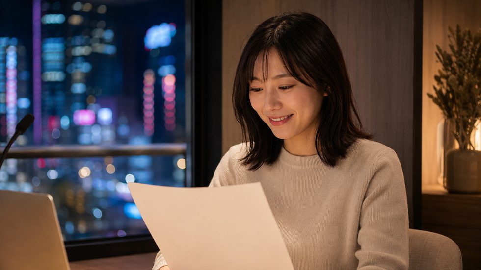 FEEDBACK SHEETを見て振り返る女性(仙台のチャットレディ)