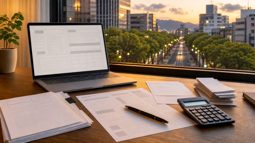 確定申告書類とペン、電卓が並ぶデスク（チャットレディの確定申告準備）
