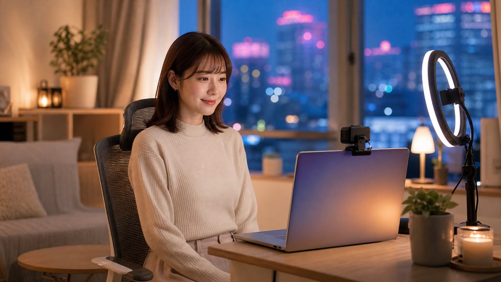在宅チャットレディの配信環境（パソコン・リングライト・Webカメラ）