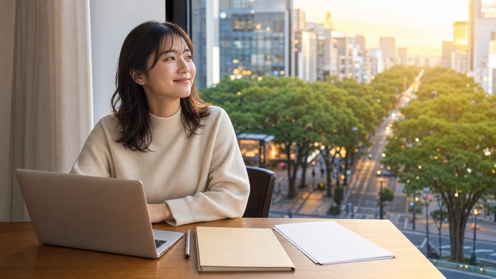 確定申告を完了してほっとしている女性