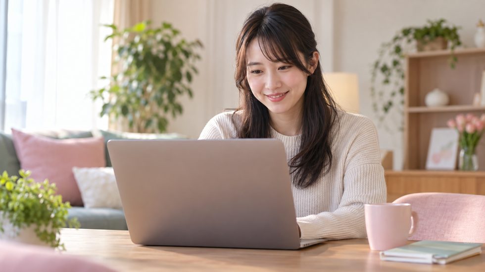 明るい部屋でパソコンを使って働く笑顔の女性