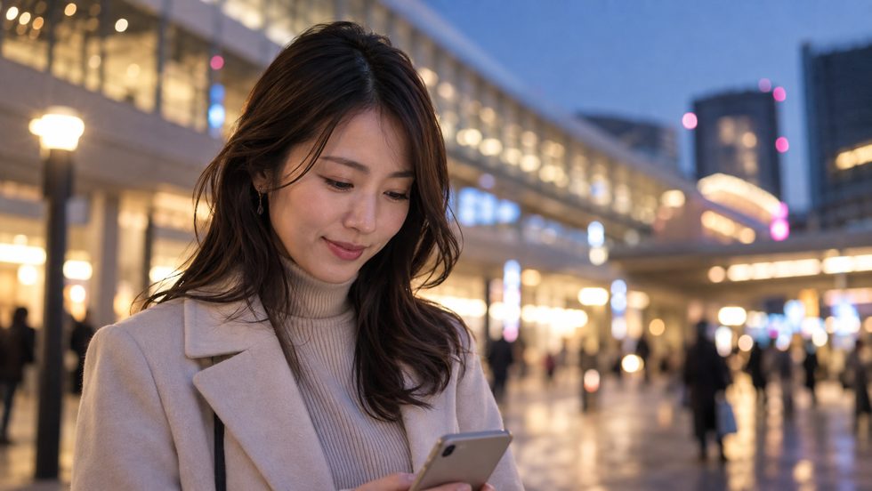 スマホで銀行口座の残高を確認する女性