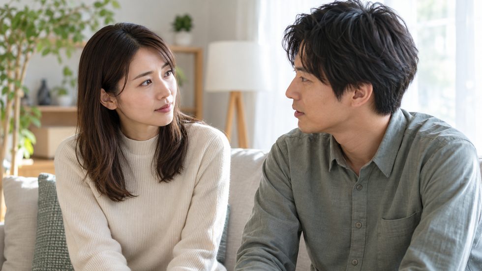 自宅で真剣に話し合うカップル