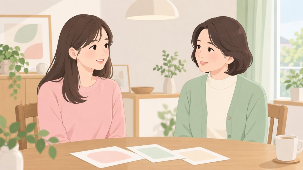 家族にチャットレディの仕事を説明する女性(事前準備のイメージ)
