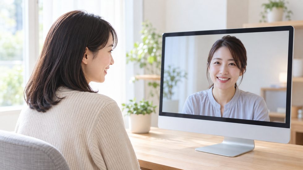 画面越しで女性スタッフに相談するチャットレディ