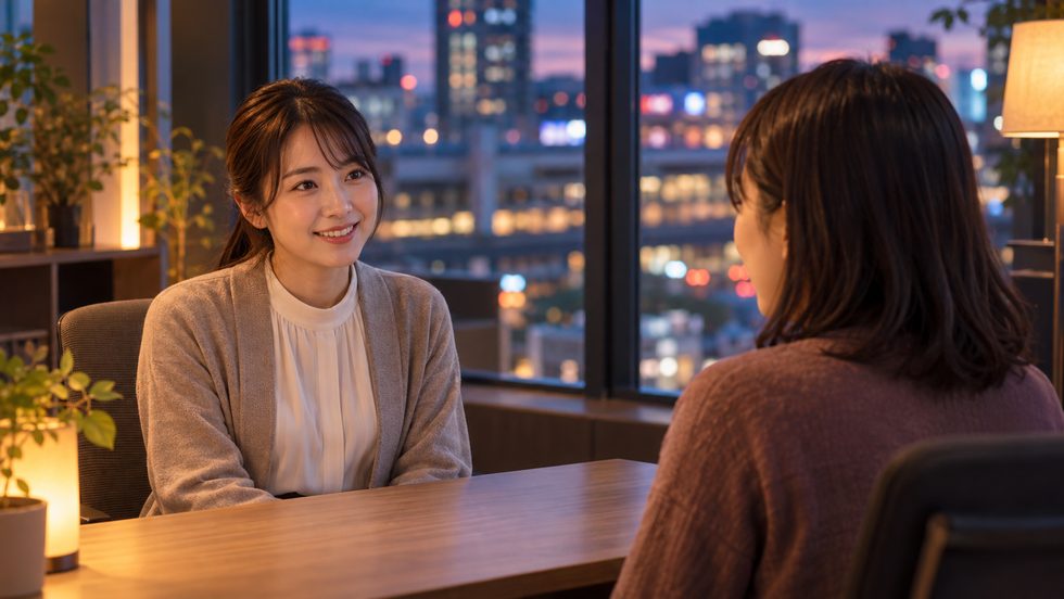 チャットレディをサポートする女性スタッフとの相談風景