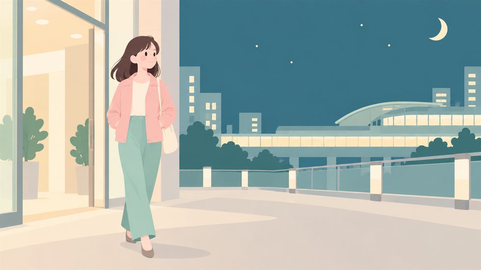 仙台駅前の事務所を退勤する女性（夜の様子）